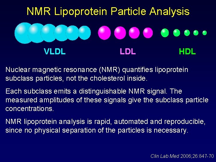 NMR Lipoprotein Particle Analysis VLDL HDL Nuclear magnetic resonance (NMR) quantifies lipoprotein subclass particles,