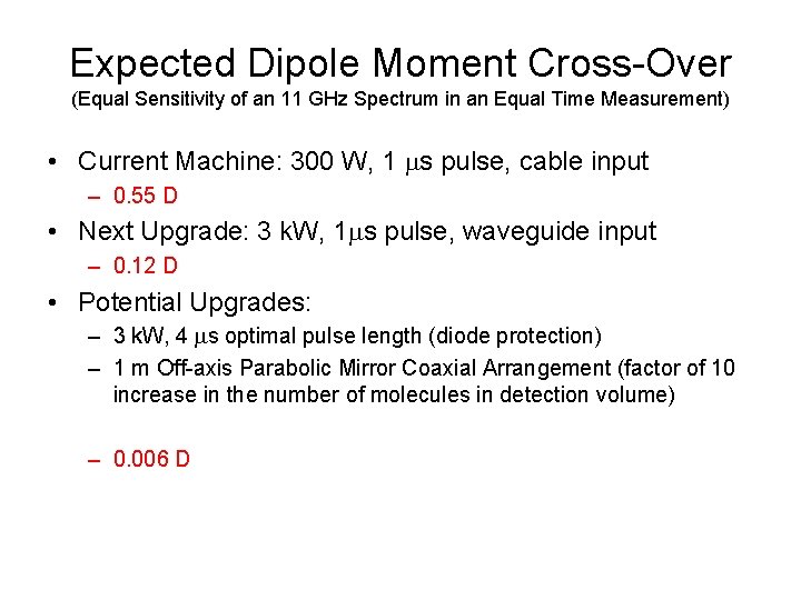 Expected Dipole Moment Cross-Over (Equal Sensitivity of an 11 GHz Spectrum in an Equal