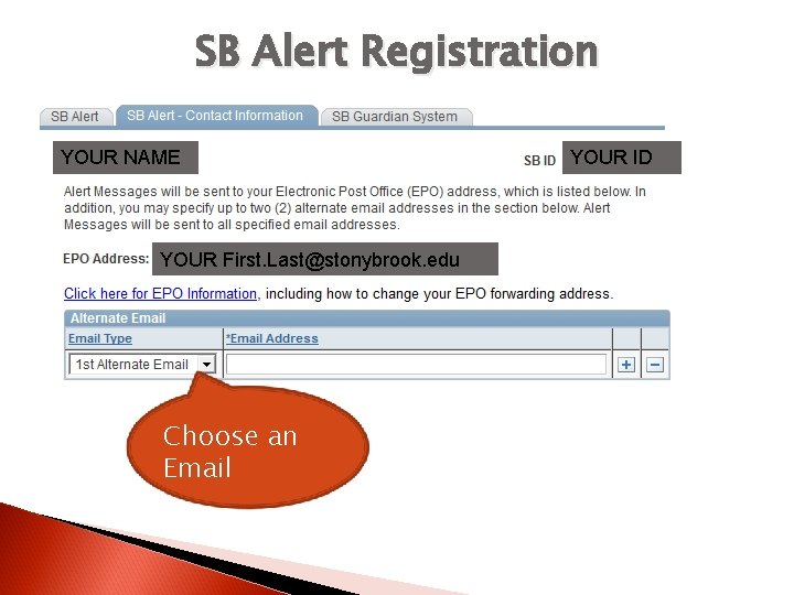 SB Alert Registration YOUR NAME YOUR First. Last@stonybrook. edu Choose an Email YOUR ID