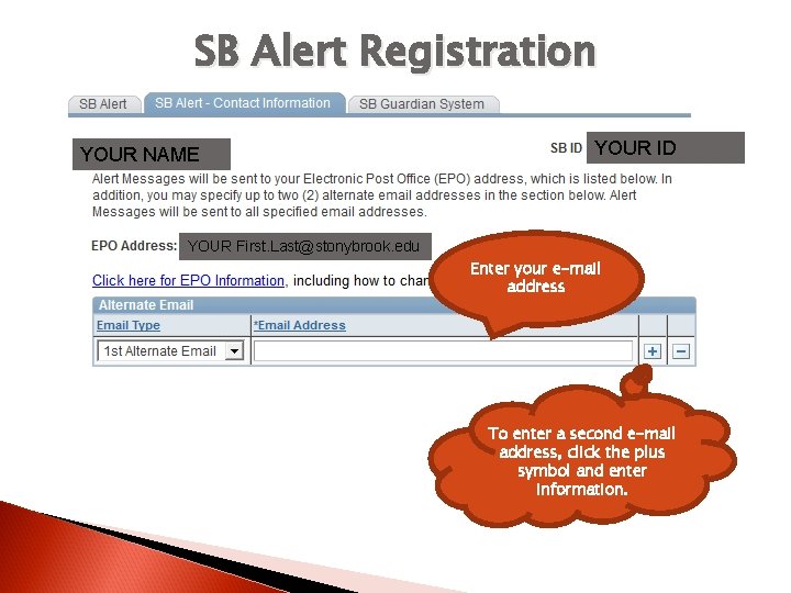 SB Alert Registration YOUR NAME YOUR ID YOUR First. Last@stonybrook. edu Enter your e-mail