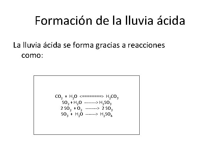 Formación de la lluvia ácida La lluvia ácida se forma gracias a reacciones como:
