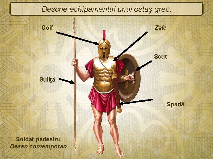 Descrie echipamentul unui ostaş grec. Coif Zale Scut Suliţă Spadă Soldat pedestru Desen contemporan