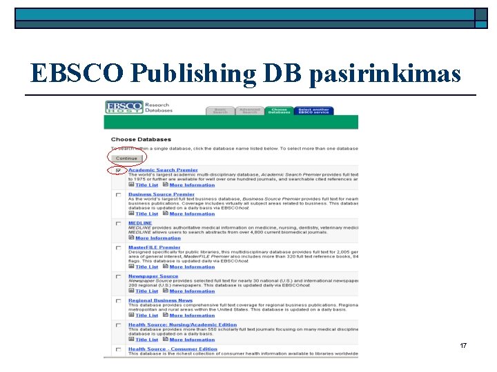 EBSCO Publishing DB pasirinkimas 17 