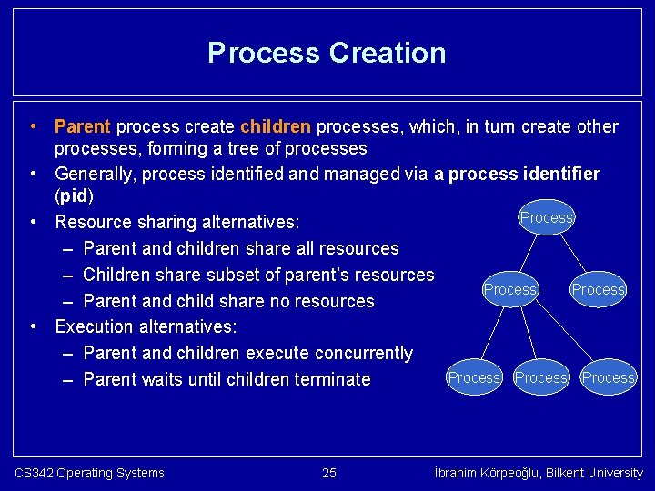 Process Creation • Parent process create children processes, which, in turn create other processes,