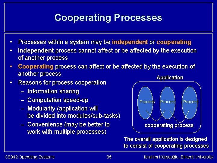 Cooperating Processes • Processes within a system may be independent or cooperating • Independent