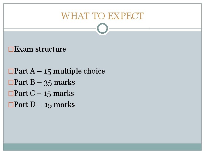 WHAT TO EXPECT �Exam structure �Part A – 15 multiple choice �Part B –