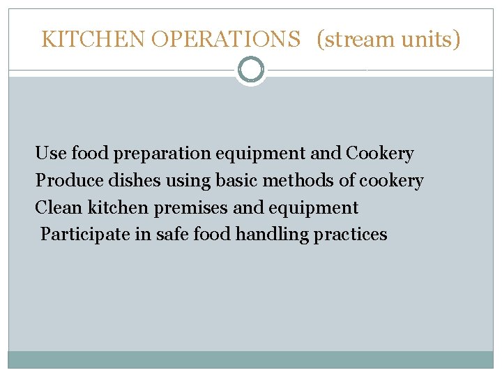 KITCHEN OPERATIONS (stream units) Use food preparation equipment and Cookery Produce dishes using basic