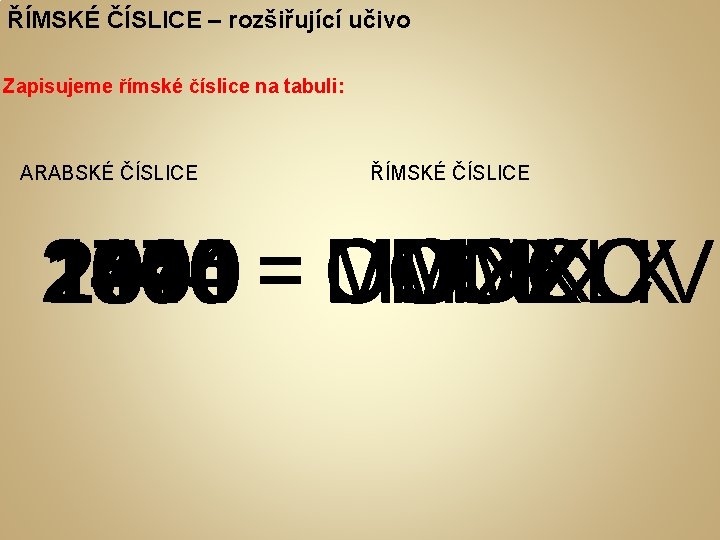 ŘÍMSKÉ ČÍSLICE – rozšiřující učivo Zapisujeme římské číslice na tabuli: ARABSKÉ ČÍSLICE ŘÍMSKÉ ČÍSLICE