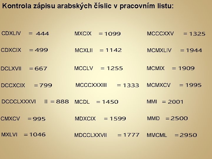 Kontrola zápisu arabských číslic v pracovním listu: 