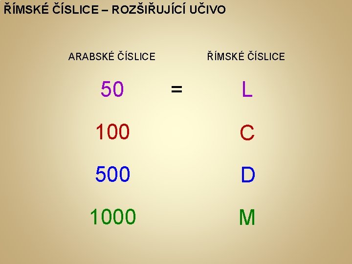 ŘÍMSKÉ ČÍSLICE – ROZŠIŘUJÍCÍ UČIVO ARABSKÉ ČÍSLICE 50 ŘÍMSKÉ ČÍSLICE = L 100 C