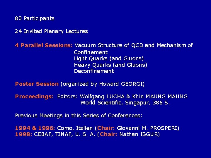 80 Participants 24 Invited Plenary Lectures 4 Parallel Sessions: Vacuum Structure of QCD and