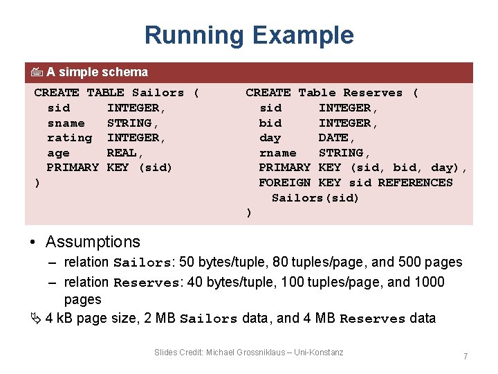 Running Example A simple schema CREATE TABLE Sailors ( sid INTEGER, sname STRING, rating