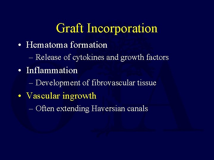 Graft Incorporation • Hematoma formation – Release of cytokines and growth factors • Inflammation