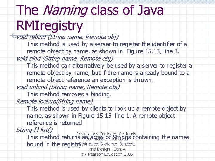 The Naming class of Java RMIregistry void rebind (String name, Remote obj) This method