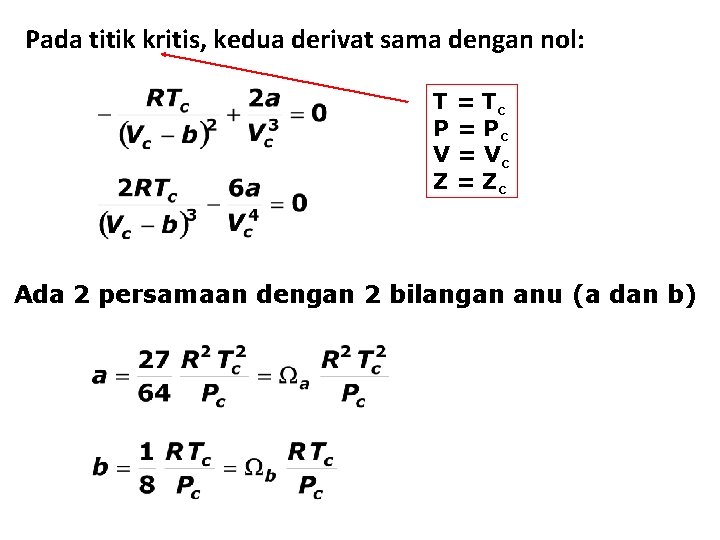 Pada titik kritis, kedua derivat sama dengan nol: T = Tc P = Pc