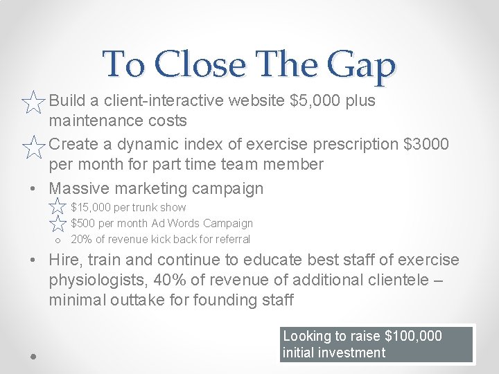 To Close The Gap • Build a client-interactive website $5, 000 plus maintenance costs