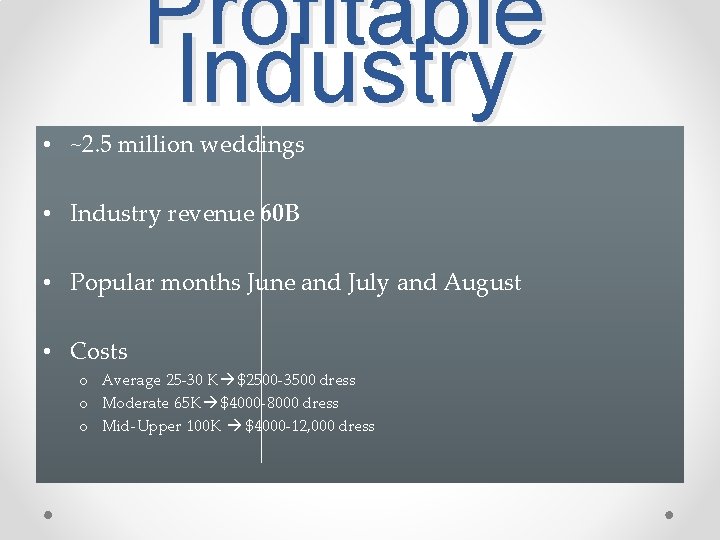 Profitable Industry • ~2. 5 million weddings • Industry revenue 60 B • Popular