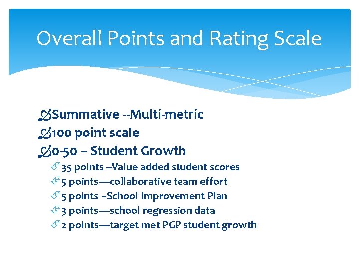 Overall Points and Rating Scale Summative --Multi-metric 100 point scale 0 -50 – Student