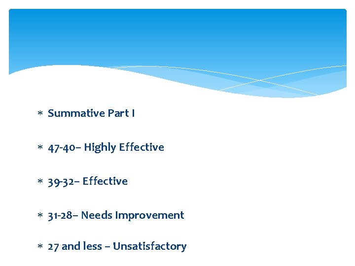  Summative Part I 47 -40– Highly Effective 39 -32– Effective 31 -28– Needs