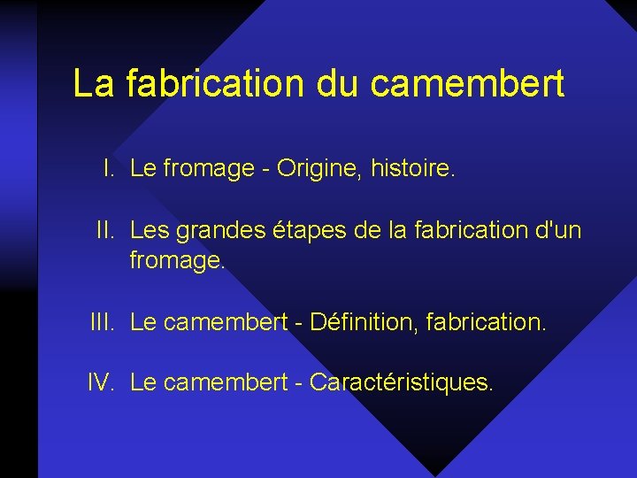 La fabrication du camembert I. Le fromage - Origine, histoire. II. Les grandes étapes