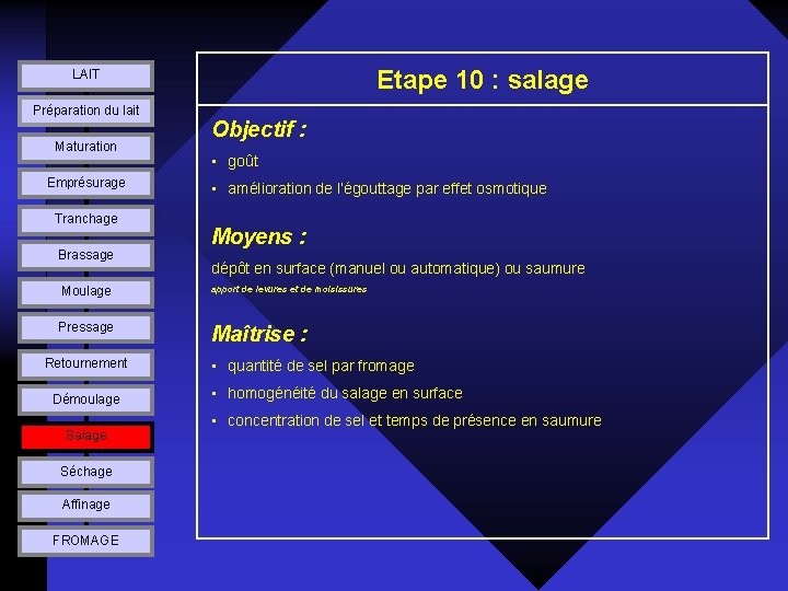 Etape 10 : salage LAIT Préparation du lait Maturation Emprésurage Tranchage Brassage Objectif :