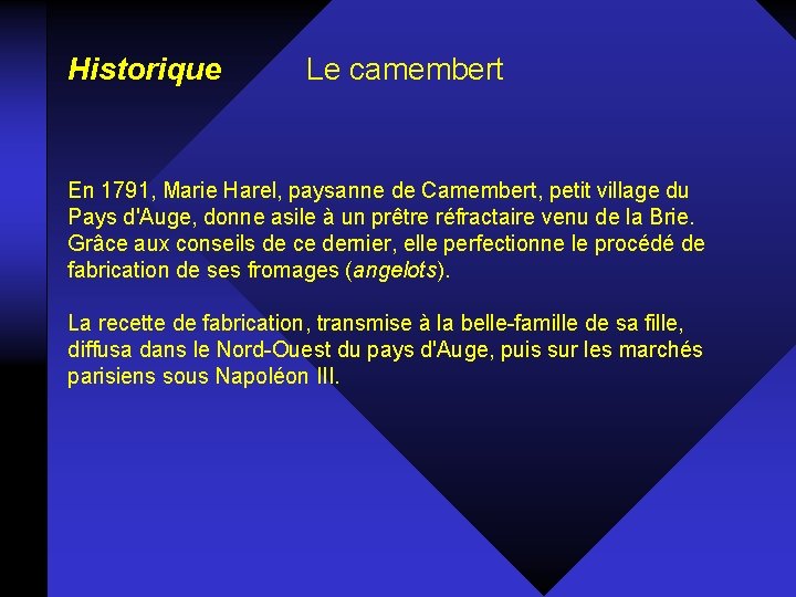 Historique Le camembert En 1791, Marie Harel, paysanne de Camembert, petit village du Pays