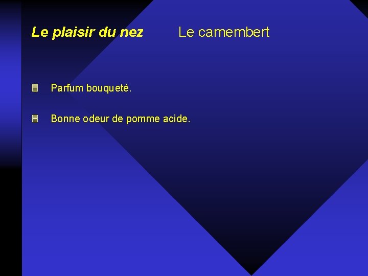 Le plaisir du nez Le camembert 3 Parfum bouqueté. 3 Bonne odeur de pomme