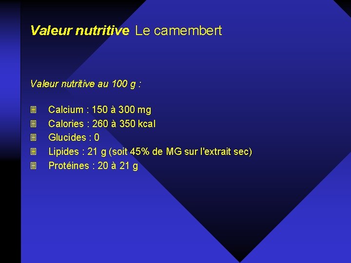Valeur nutritive Le camembert Valeur nutritive au 100 g : 3 3 3 Calcium