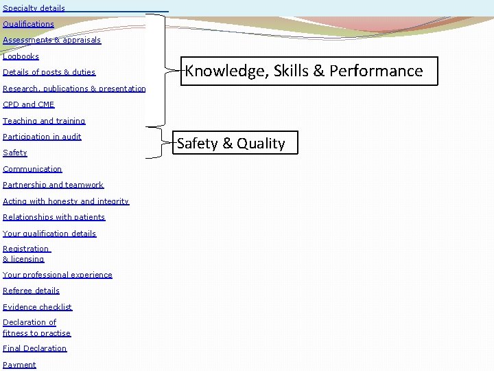 Specialty details Qualifications Assessments & appraisals Logbooks Details of posts & duties Knowledge, Skills