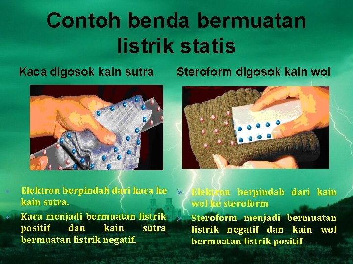 Contoh benda bermuatan listrik statis • • Kaca digosok kain sutra Steroform digosok kain