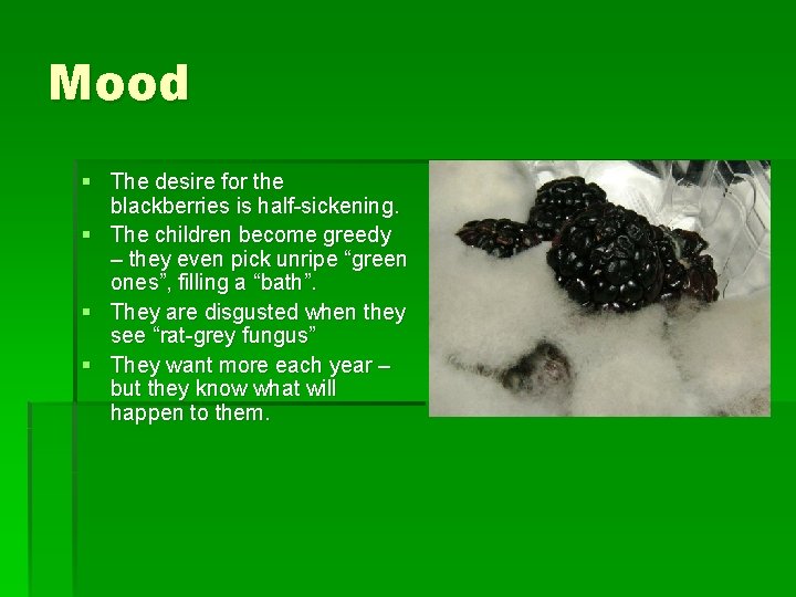 Mood § The desire for the blackberries is half-sickening. § The children become greedy
