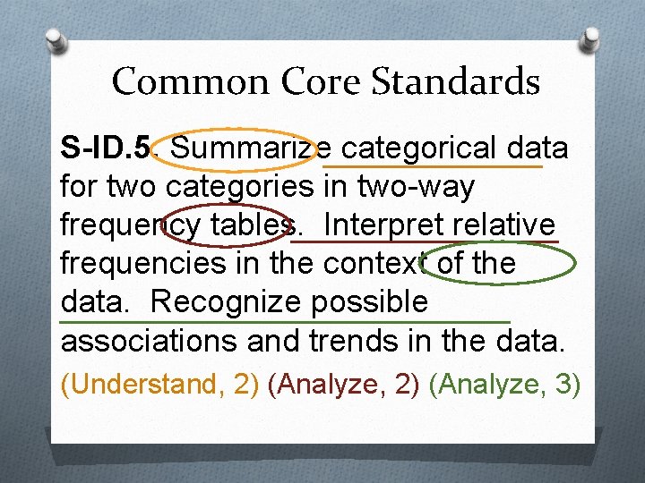 Common Core Standards S-ID. 5. Summarize categorical data for two categories in two-way frequency