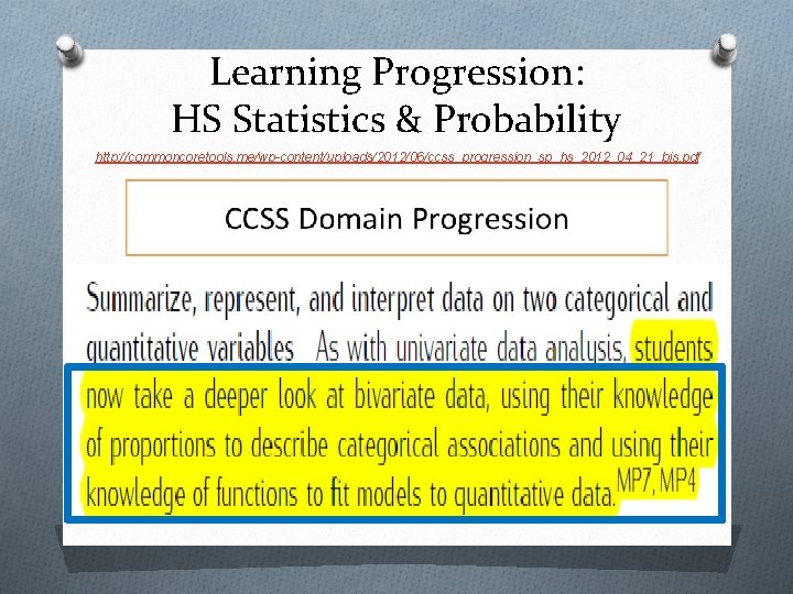 Learning Progression: HS Statistics & Probability http: //commoncoretools. me/wp-content/uploads/2012/06/ccss_progression_sp_hs_2012_04_21_bis. pdf 