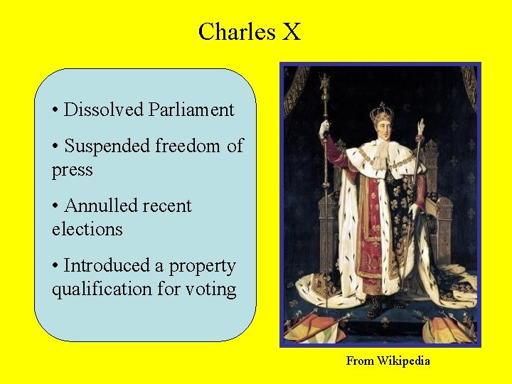 Charles X • Dissolved Parliament • Suspended freedom of press • Annulled recent elections