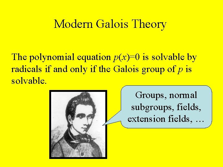 Modern Galois Theory The polynomial equation p(x)=0 is solvable by radicals if and only
