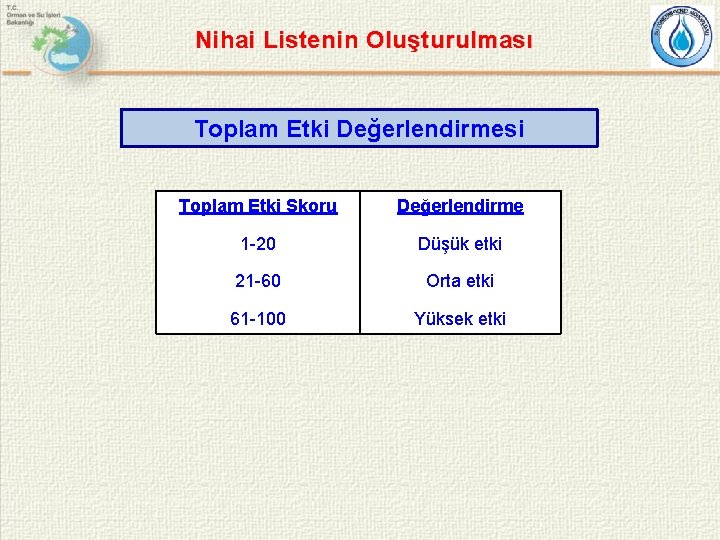Nihai Listenin Oluşturulması Toplam Etki Değerlendirmesi Toplam Etki Skoru Değerlendirme 1 -20 Düşük etki