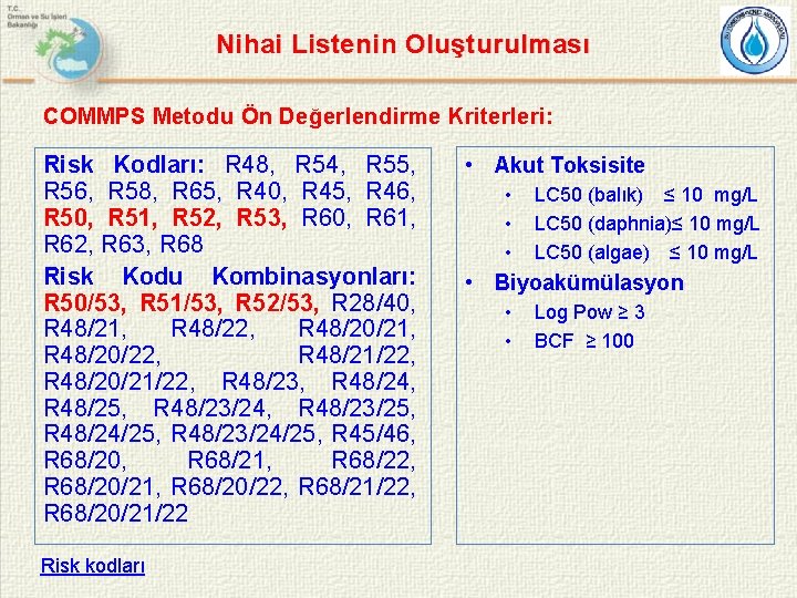 Nihai Listenin Oluşturulması COMMPS Metodu Ön Değerlendirme Kriterleri: Risk Kodları: R 48, R 54,