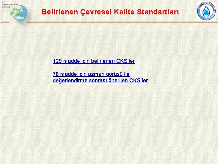 Belirlenen Çevresel Kalite Standartları 129 madde için belirlenen ÇKS’ler 78 madde için uzman görüşü