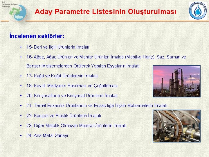 Aday Parametre Listesinin Oluşturulması İncelenen sektörler: • 15 - Deri ve İlgili Ürünlerin İmalatı