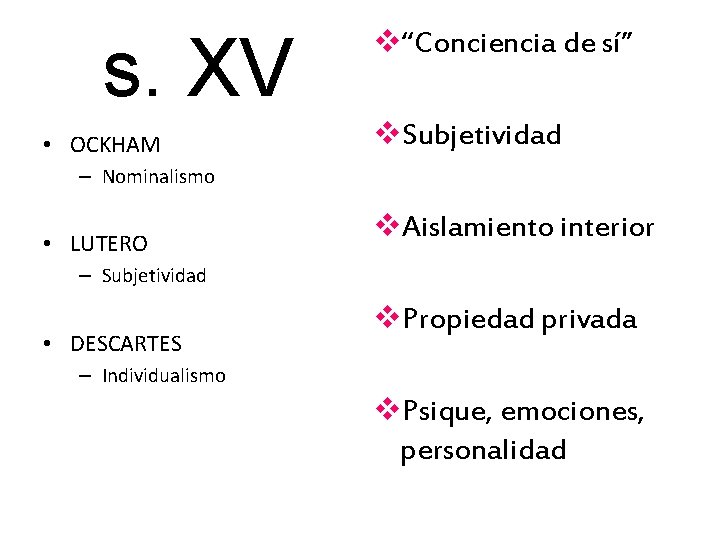 s. XV • OCKHAM v“Conciencia de sí” v. Subjetividad – Nominalismo • LUTERO v.