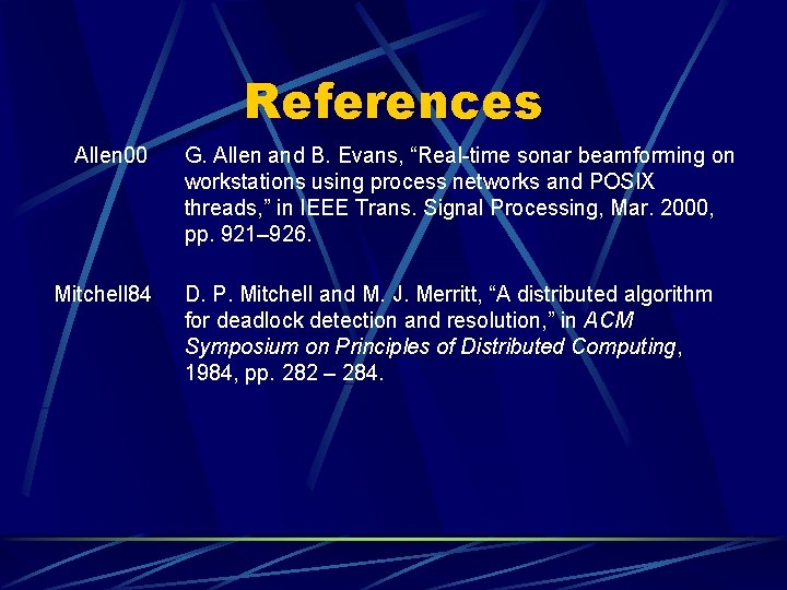 References Allen 00 Mitchell 84 G. Allen and B. Evans, “Real-time sonar beamforming on