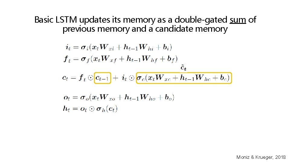 Basic LSTM updates its memory as a double-gated sum of previous memory and a