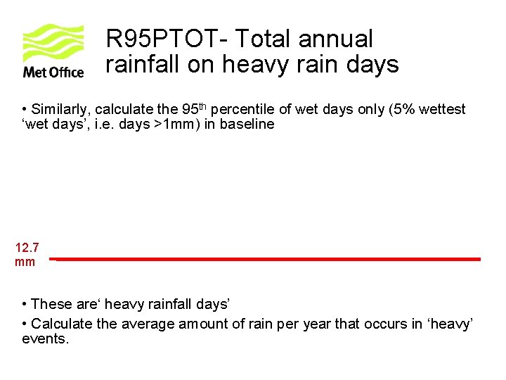 R 95 PTOT- Total annual rainfall on heavy rain days • Similarly, calculate the