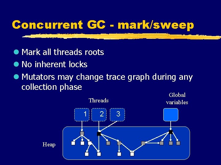 Concurrent GC - mark/sweep l Mark all threads roots l No inherent locks l