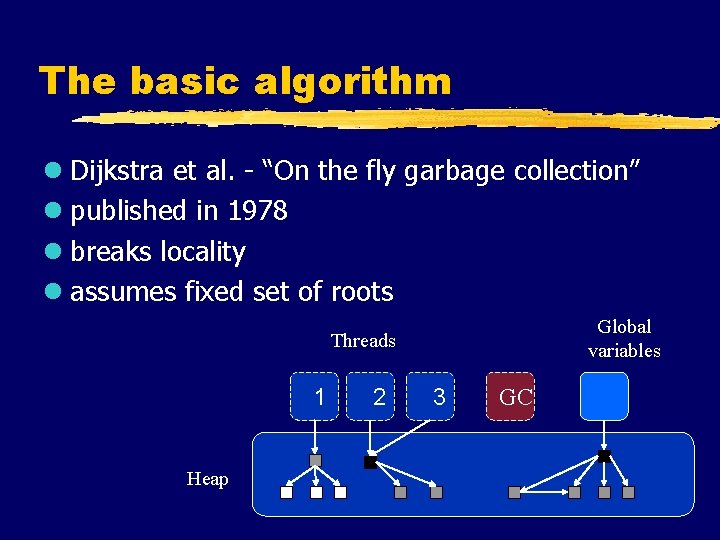 The basic algorithm l Dijkstra et al. - “On the fly garbage collection” l