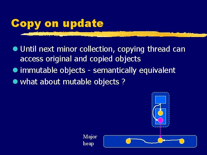 Copy on update l Until next minor collection, copying thread can access original and