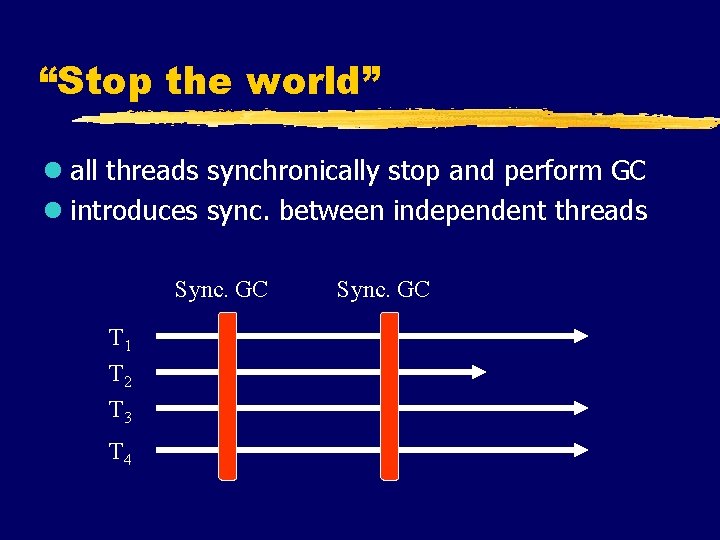 “Stop the world” l all threads synchronically stop and perform GC l introduces sync.