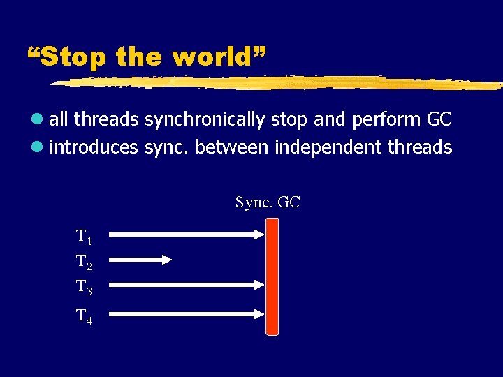 “Stop the world” l all threads synchronically stop and perform GC l introduces sync.