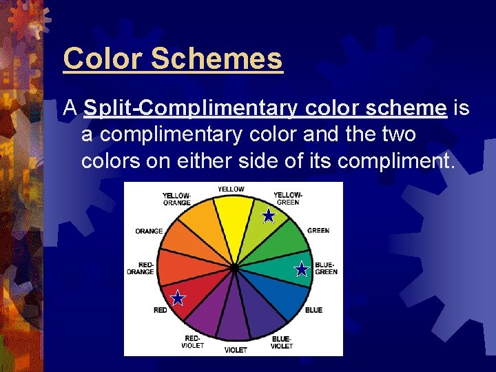 Color Schemes A Split-Complimentary color scheme is a complimentary color and the two colors