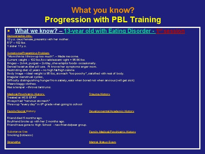 What you know? Progression with PBL Training § What we know? – 13 -year